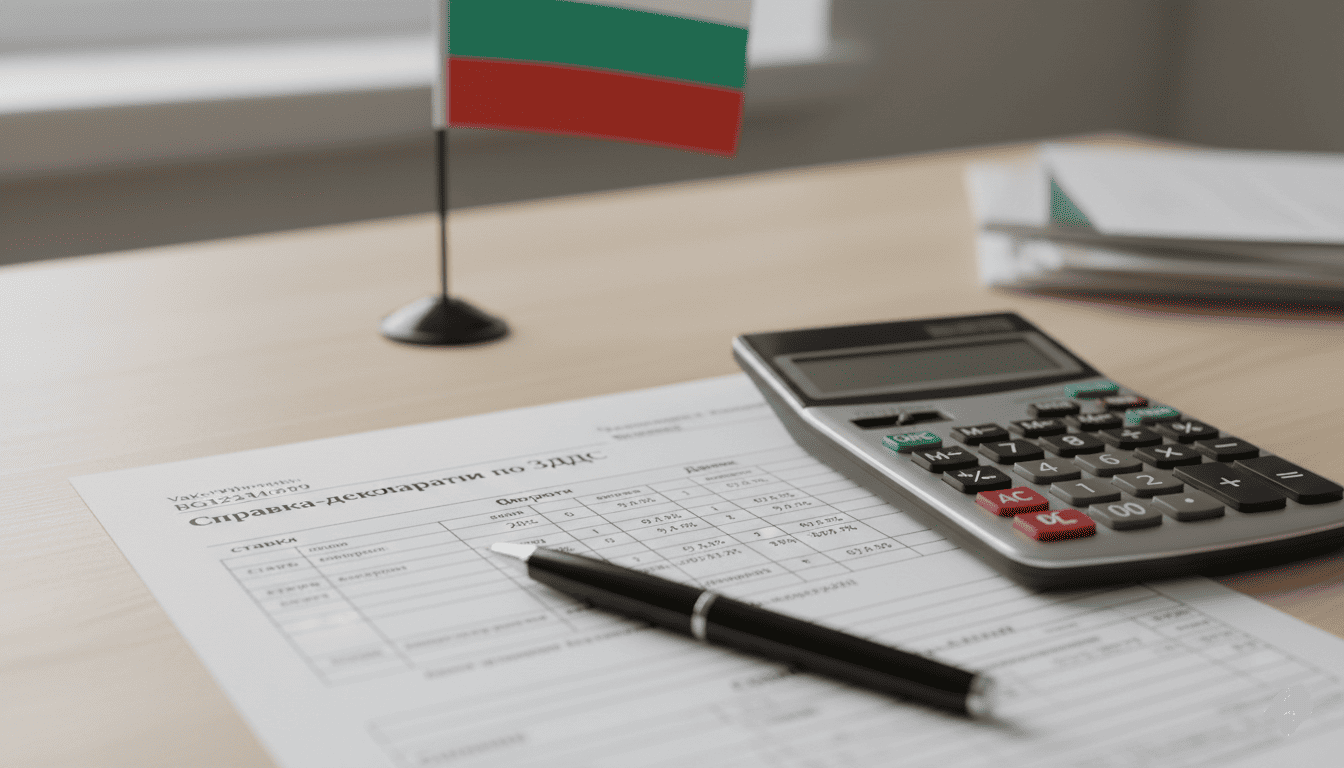 Document, stylo et calculatrice avec un drapeau de la Bulgarie dans le fond