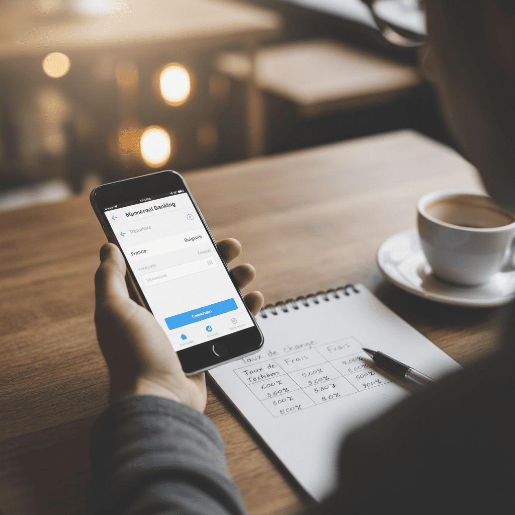 Une personne utilise son smartphone pour envoyer de l’argent, avec une application affichant un transfert entre France et Bulgarie.