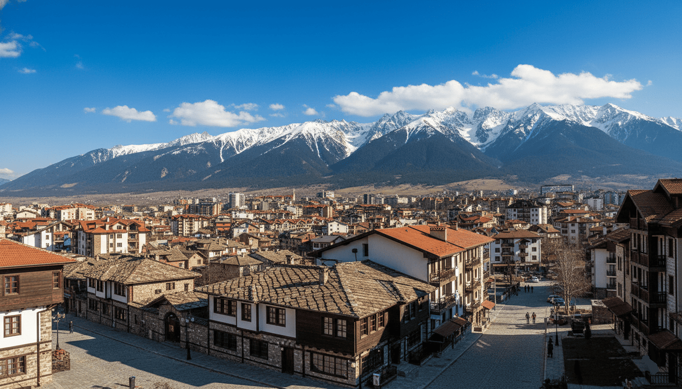 Bansko avec montagnes du Pirin en arrière-plan, maisons traditionnelles et bâtiments modernes