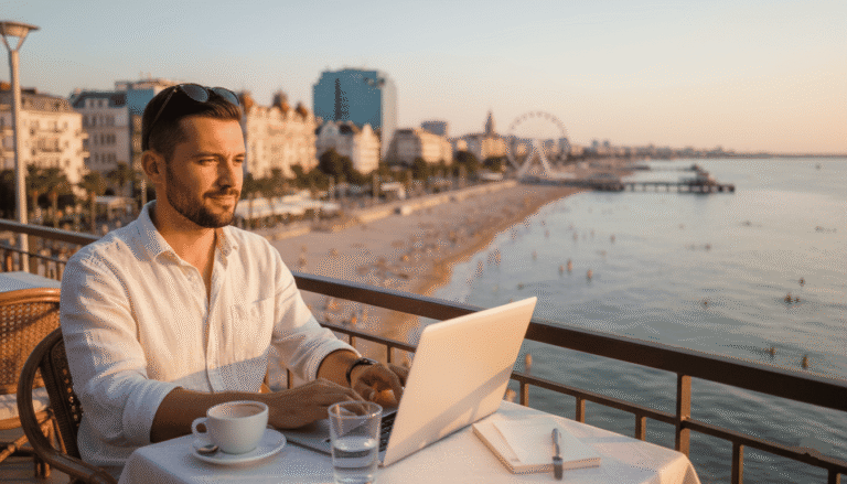 un expatrié travaillant sur un ordinateur portable depuis un café en bord de mer à Varna