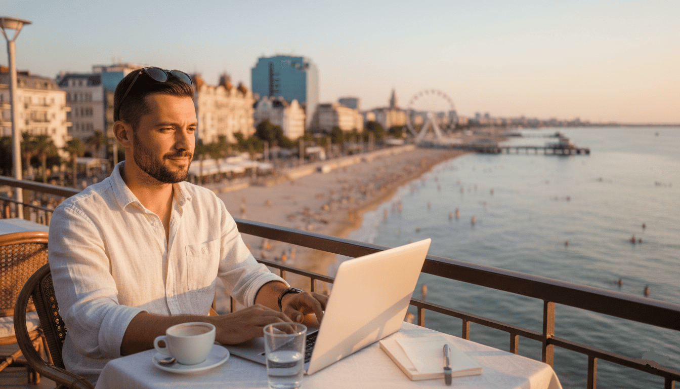 un expatrié travaillant sur un ordinateur portable depuis un café en bord de mer à Varna