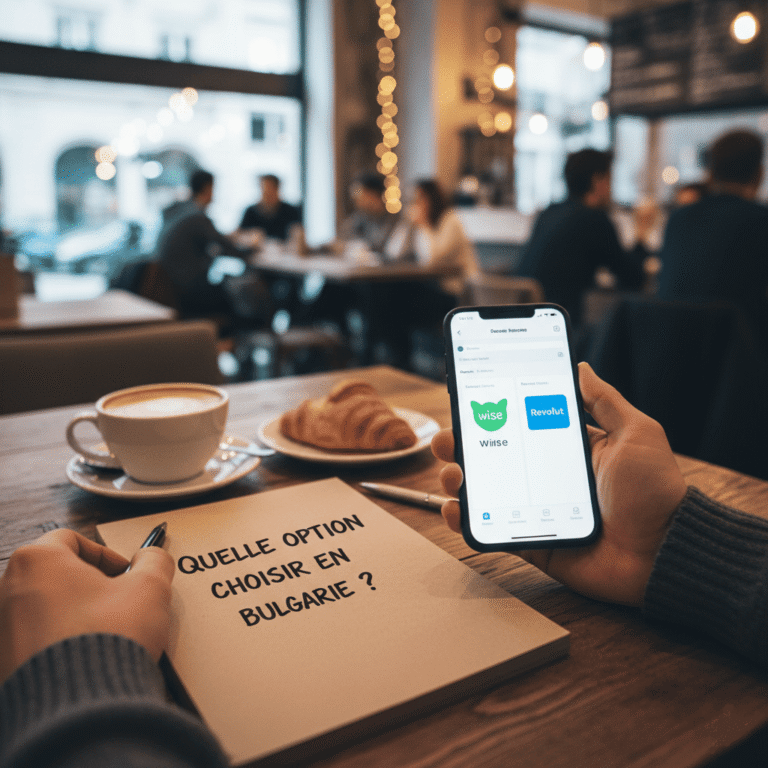 Une personne dans un café compare des applications bancaires sur son smartphone.