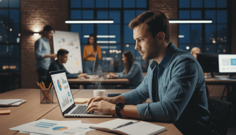 entrepreneur travaillant sur un ordinateur portable avec documents financiers, graphiques à l’écran