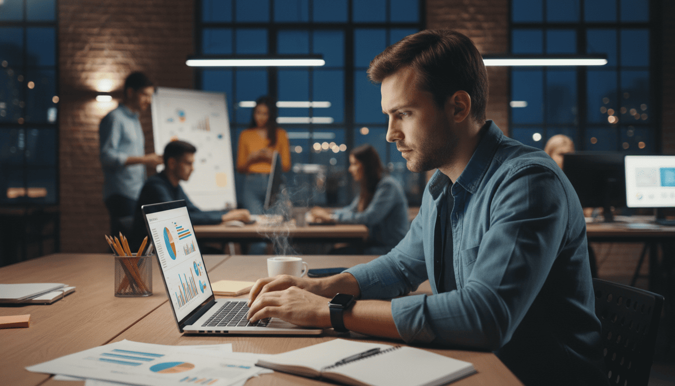 entrepreneur travaillant sur un ordinateur portable avec documents financiers, graphiques à l’écran