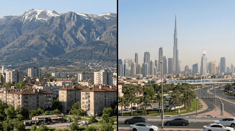 split-screen : Sofia avec immeubles modestes et nature vs Dubaï avec skyline moderne et Burj Khalifa visible