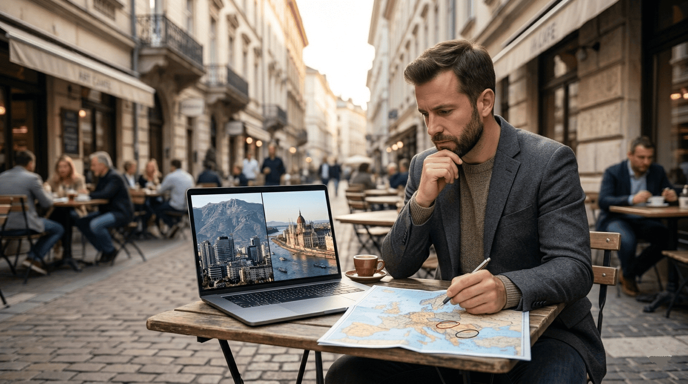 un entrepreneur assis à une terrasse de café avec un ordinateur portable, regardant une carte d’Europe avec la Bulgarie et la Hongrie mises en évidence