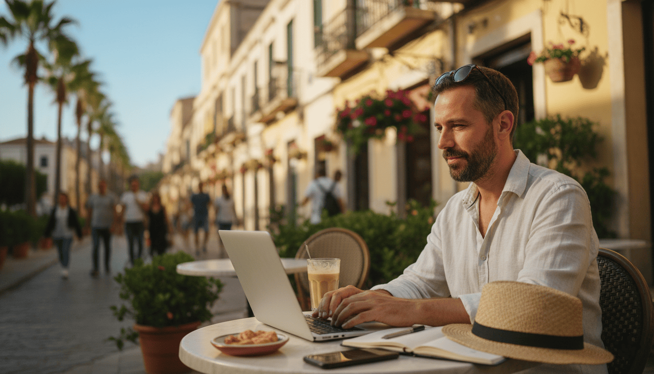 un expatrié travaillant sur un ordinateur portable en terrasse de café, ambiance ensoleillée, style de vie détendu