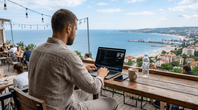 igital nomad travaillant sur un ordinateur face à la mer Noire (Varna ou Burgas)