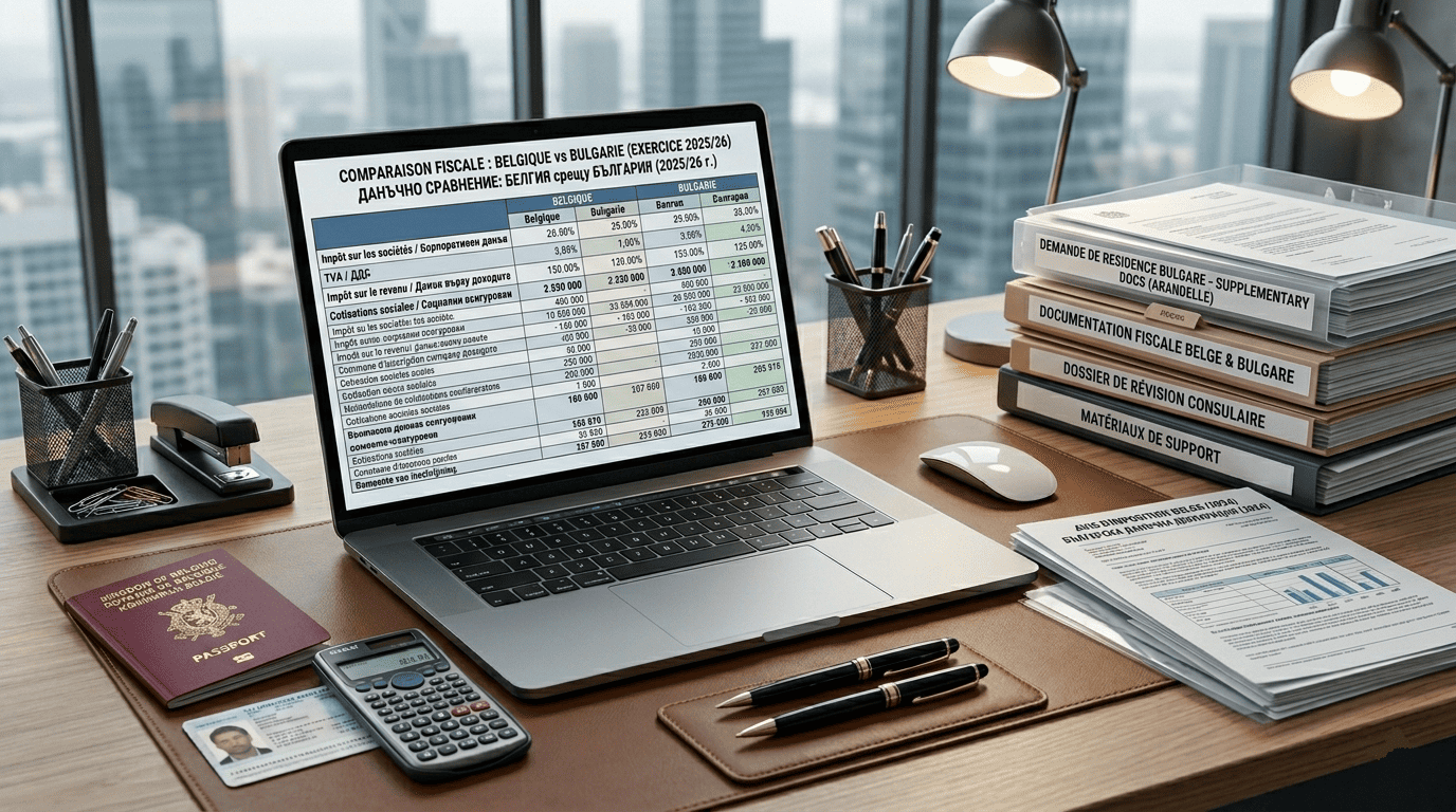 bureau avec documents fiscaux belges et bulgares (formats crédibles), passeport belge,