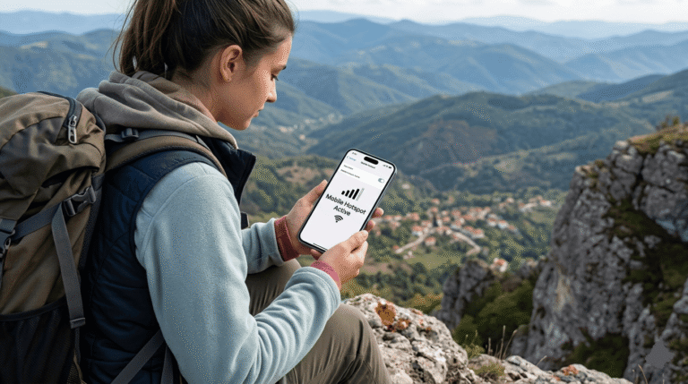 Femme utilisant son téléphone en hotspot dans une zone rurale montagneuse en Bulgarie