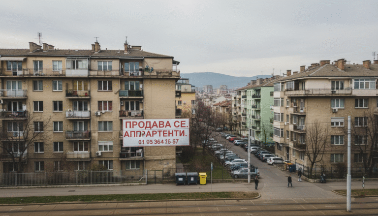immeubles résidentiels à Sofia avec panneau “à vendre” en bulgare, environnement urbain réel