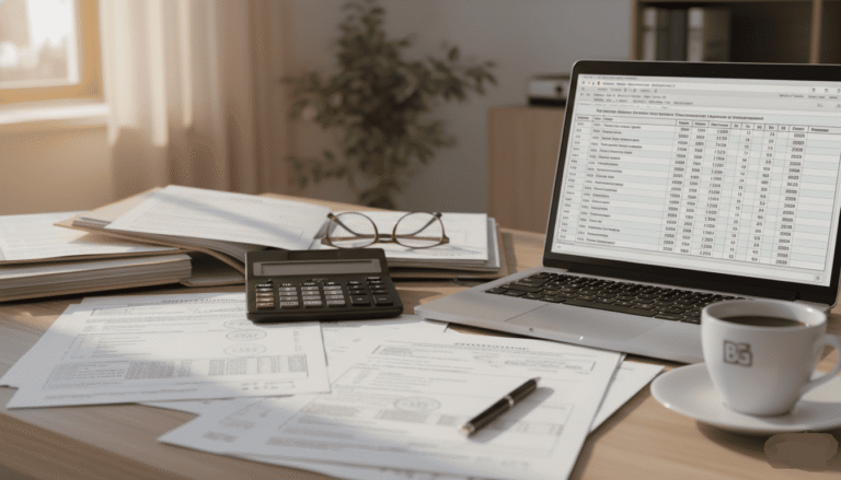 bureau avec documents fiscaux en bulgare, calculatrice, ordinateur portable affichant un tableau de taxes