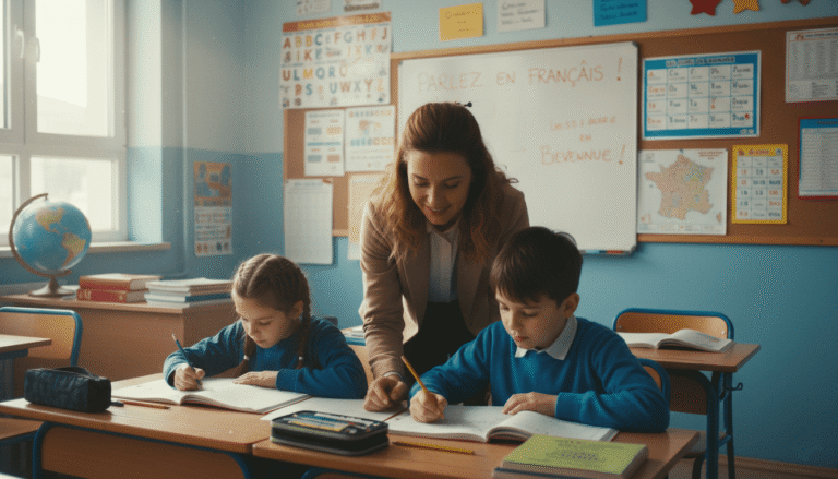 une salle de classe francophone en Bulgarie, affiches éducatives en français au mur, cahiers ouverts avec écriture en français