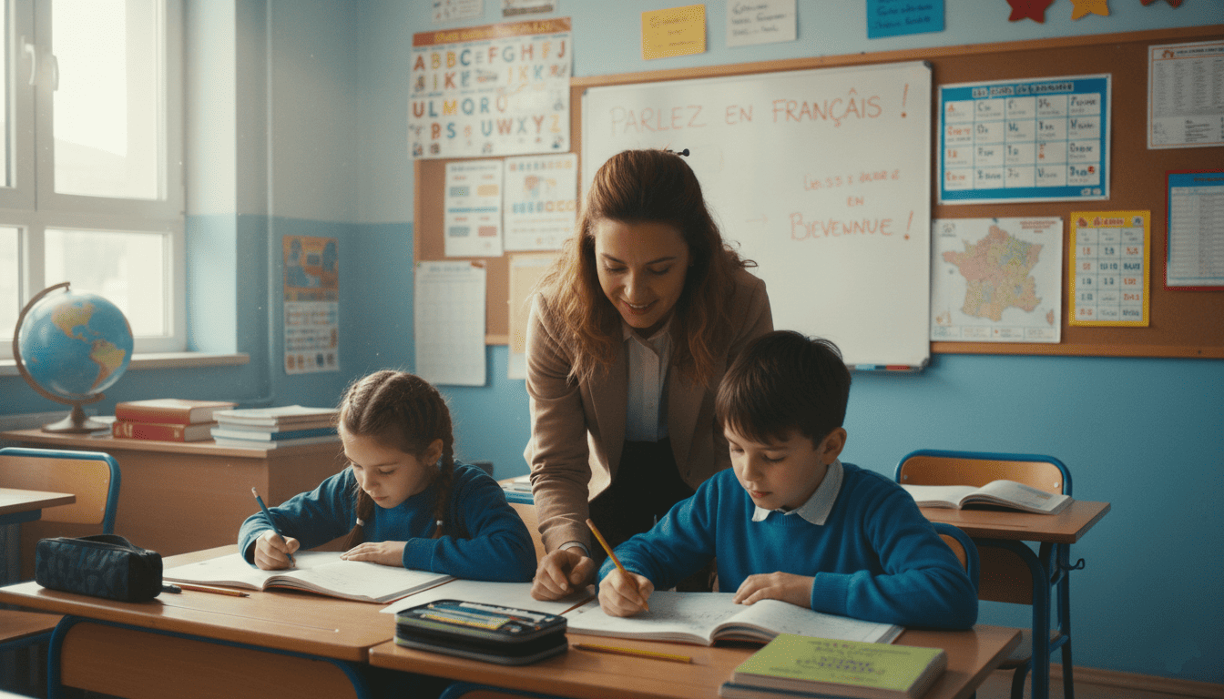 une salle de classe francophone en Bulgarie, affiches éducatives en français au mur, cahiers ouverts avec écriture en français