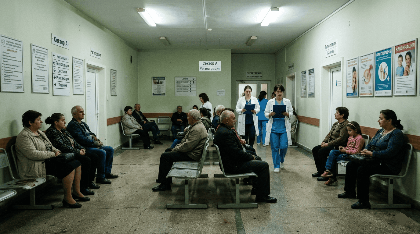 Salle d’attente d’un hôpital public bulgare, patients assis